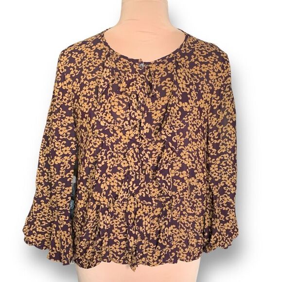 Vintage 90s Blouse Purple Ruffle Front Pirate Dark Floral Bell Long Sleeve Sheer - Picture 4 of 9